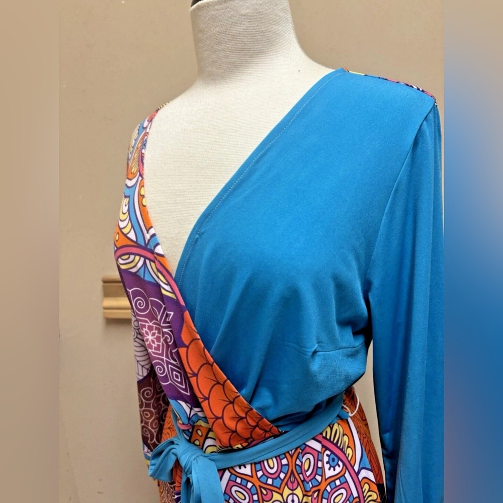 ASHRO Faux Wrap 2 Tone Boho Hippie Mod Print Midi Dress SZ L - Picture 3 of 10